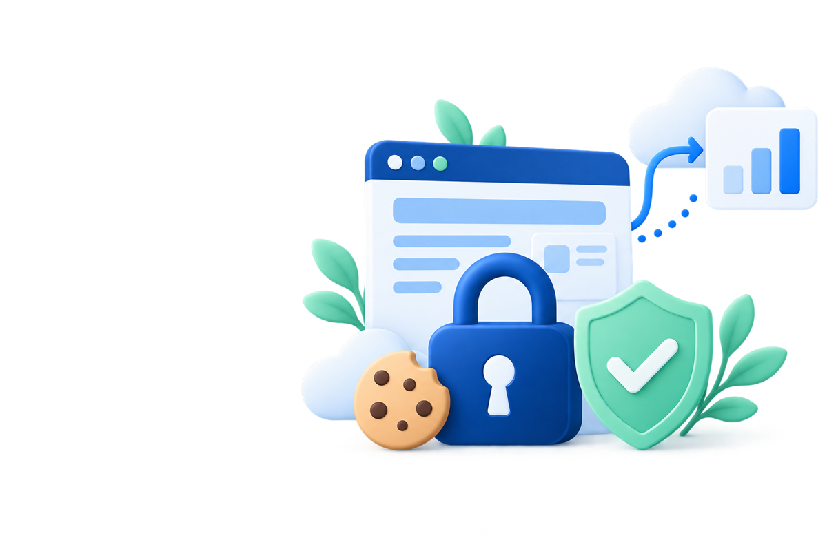 鍵、保護を示す盾、Cookie、外部サービスへの情報の流れ